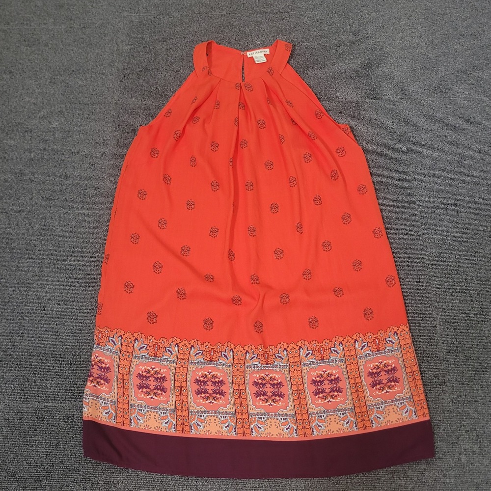 Artisan NY Size 4 Halter Dress Womens Orange Boho Border Print Sleeveless